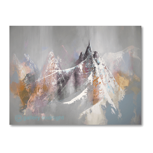 Abstract mountain landscape with colorful peaks and a gray background