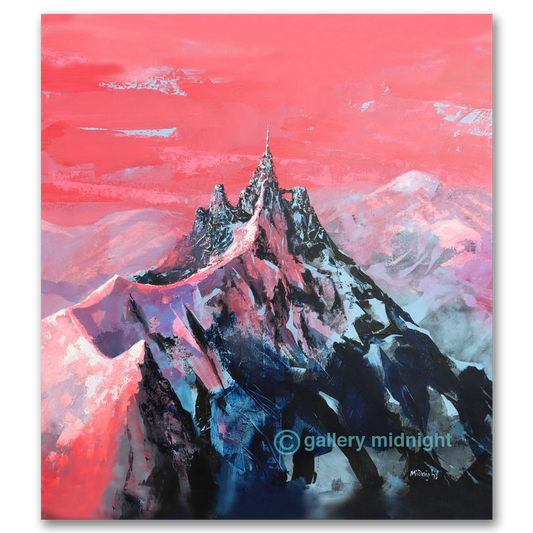 Painting of a mountain peak with a red and pink sky, featuring the artist's signature 'c' gallery midnight'.
