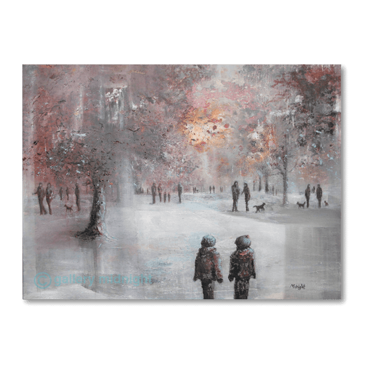 Autumn frost common scene with silhouetted children and dog walkers in misty sunrise light, London landscape art print