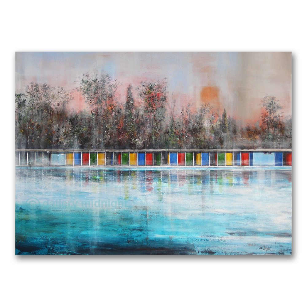 An abstract landscape painting of Tooting Lido with a row of colorful beach-style umbrellas reflected in the blue water, under a soft pink and gray sky with dark tree silhouettes.