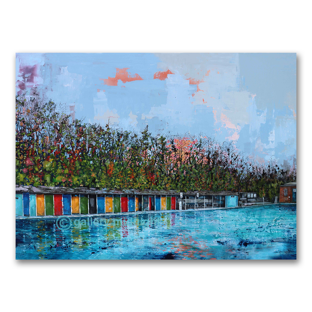 Autumn Lido painting showing Tooting Bec Lido with colourful changing cabins reflected in shimmering water at sunrise