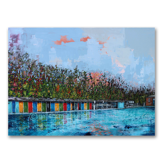 Autumn Lido painting showing Tooting Bec Lido with colourful changing cabins reflected in shimmering water at sunrise