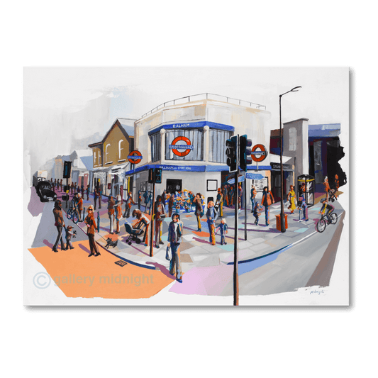 Balham Underground Station SW12 with commuters, cyclists and colourful pavement, London tube art print