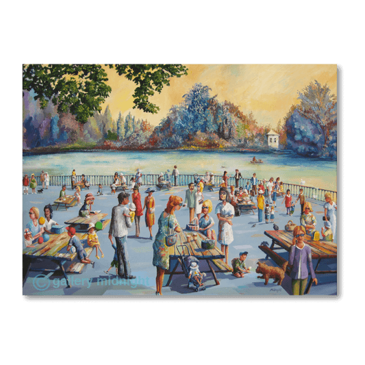 Battersea Park lakeside scene with families and picnic benches at sunset, London art print