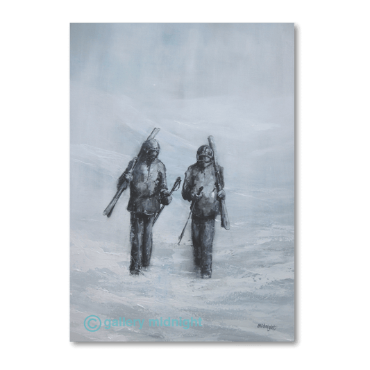 Two skiers carrying their skis over their shoulders, walking out of a misty mountain landscape in soft greys and whites, from Johny Midnight’s painting Beer and Chicken Wings