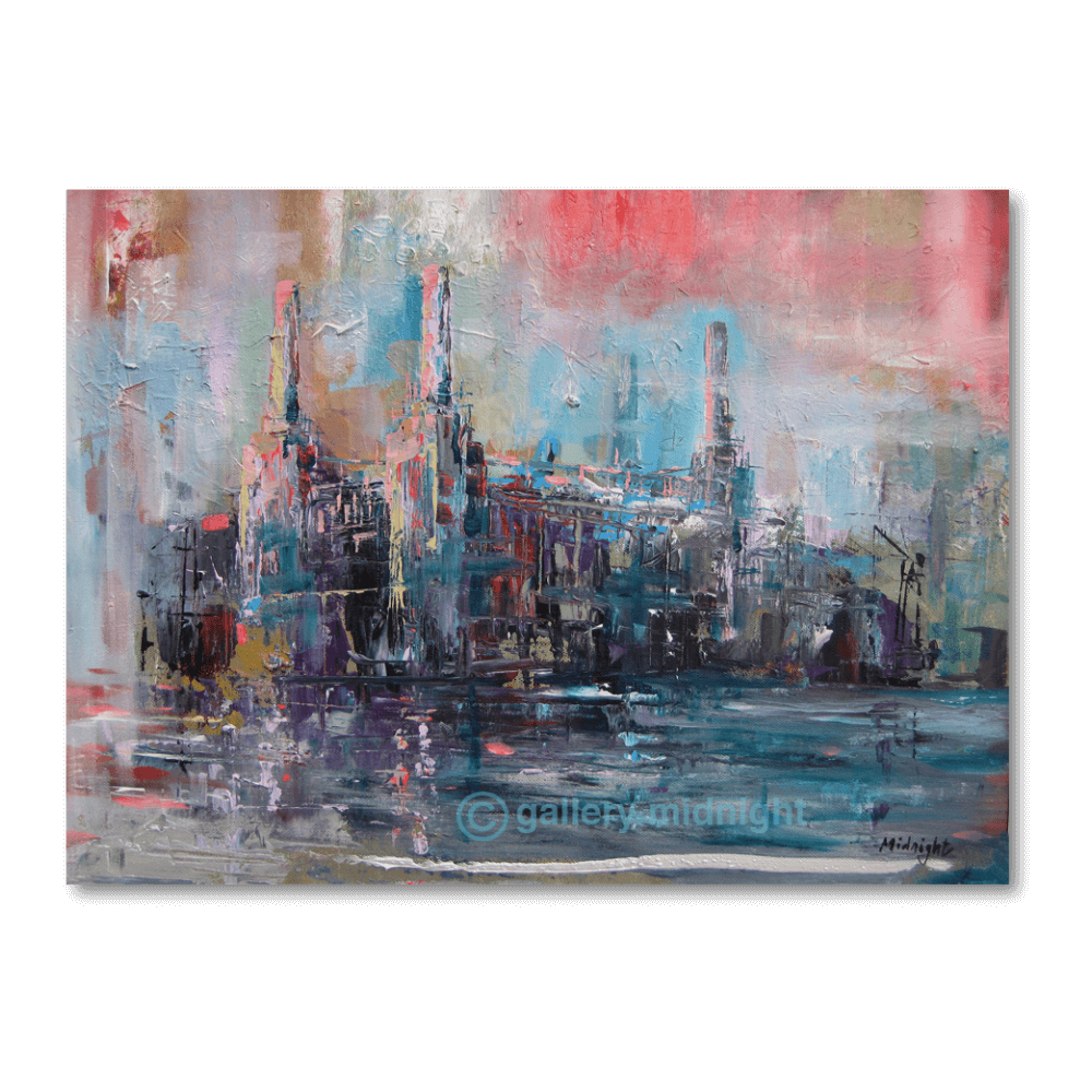 Before Demolition limited edition print by Johny Midnight showing Battersea Power Station with dramatic abstract reflections on the River Thames