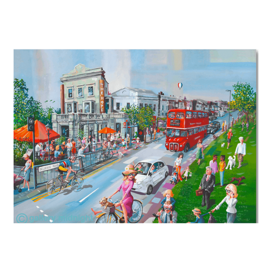 Bellevue Road SW12 scene with The Hope Pub terrace, red 319 bus and busy Balham high street, London art print