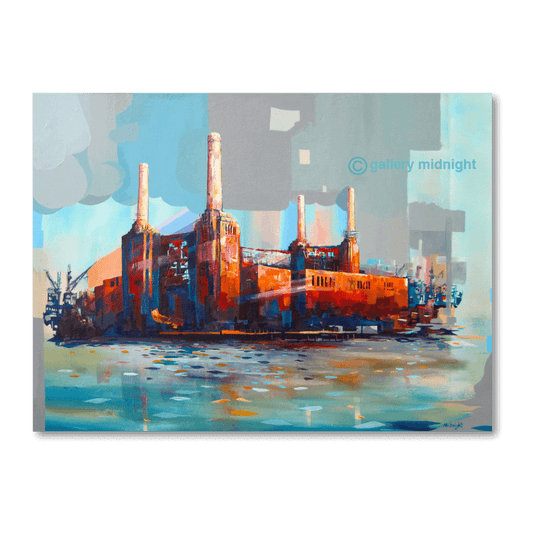 Big Power I limited edition print of Battersea Power Station by Johny Midnight, featuring vibrant orange brickwork, four chimneys and abstract River Thames reflections