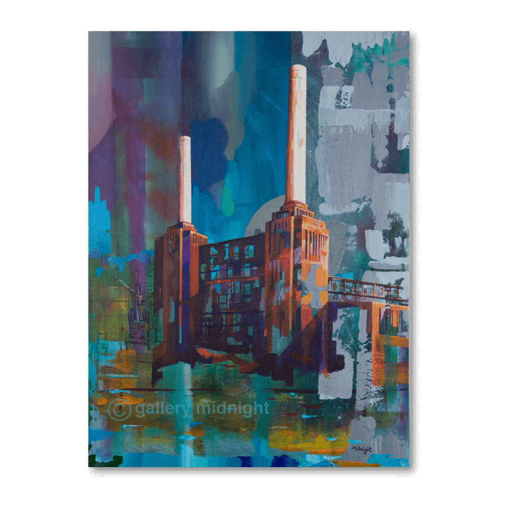 Big Power 2 limited edition print of Battersea Power Station by Johny Midnight, featuring two chimneys, vibrant orange brickwork and abstract Thames reflections