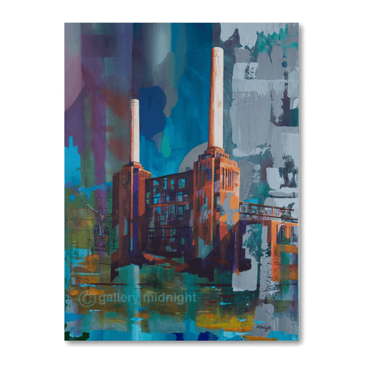 Big Power 2 limited edition print of Battersea Power Station by Johny Midnight, featuring two chimneys, vibrant orange brickwork and abstract Thames reflections