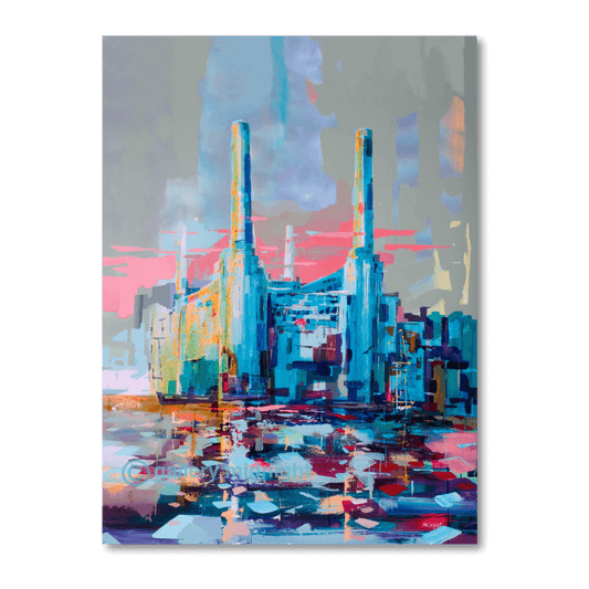Big Power 4 limited edition print by Johny Midnight showing Battersea Power Station with colourful abstract reflections on the River Thames