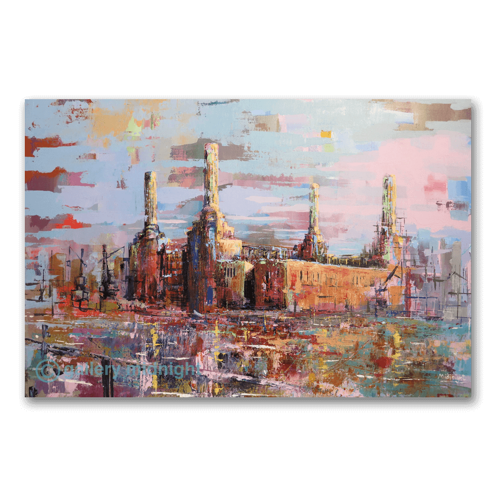 Big Power 10 limited edition print by Johny Midnight showing a soft, impressionistic Battersea Power Station with warm beige tones and Thames reflections