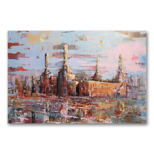 Big Power 10 limited edition print by Johny Midnight showing a soft, impressionistic Battersea Power Station with warm beige tones and Thames reflections