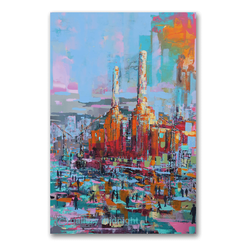 Big Power 11 limited edition print by Johny Midnight showing Battersea Power Station at sunset with small silhouetted figures in the foreground.