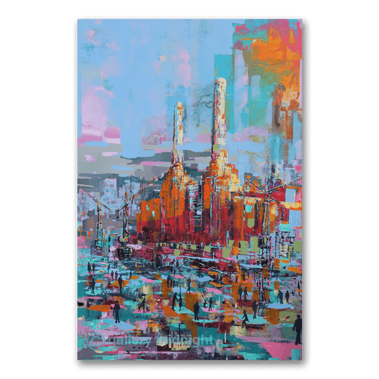 Big Power 11 limited edition print by Johny Midnight showing Battersea Power Station at sunset with small silhouetted figures in the foreground.