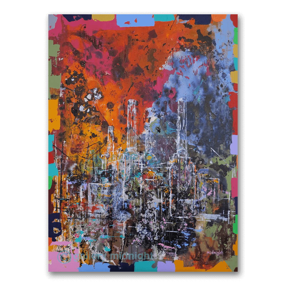 Big Power 12 limited edition print by Johny Midnight showing an abstract, colourful interpretation of Battersea Power Station in white linework.