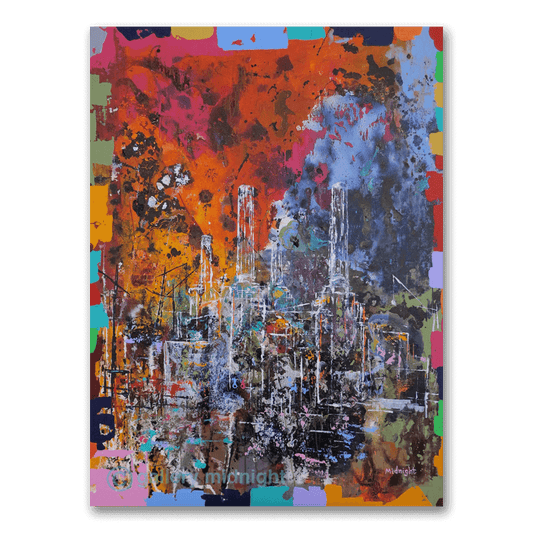 Big Power 12 limited edition print by Johny Midnight showing an abstract, colourful interpretation of Battersea Power Station in white linework.