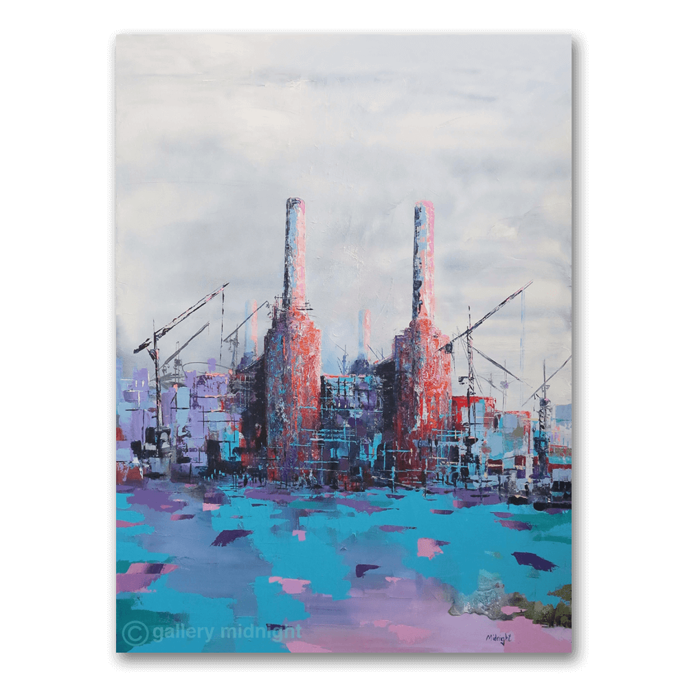 Big Power 16 limited edition print by Johny Midnight showing Battersea Power Station under construction with cranes, abstract blue and pink Thames reflections, and a realistic cloudy London sky.