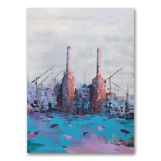 Big Power 16 limited edition print by Johny Midnight showing Battersea Power Station under construction with cranes, abstract blue and pink Thames reflections, and a realistic cloudy London sky.