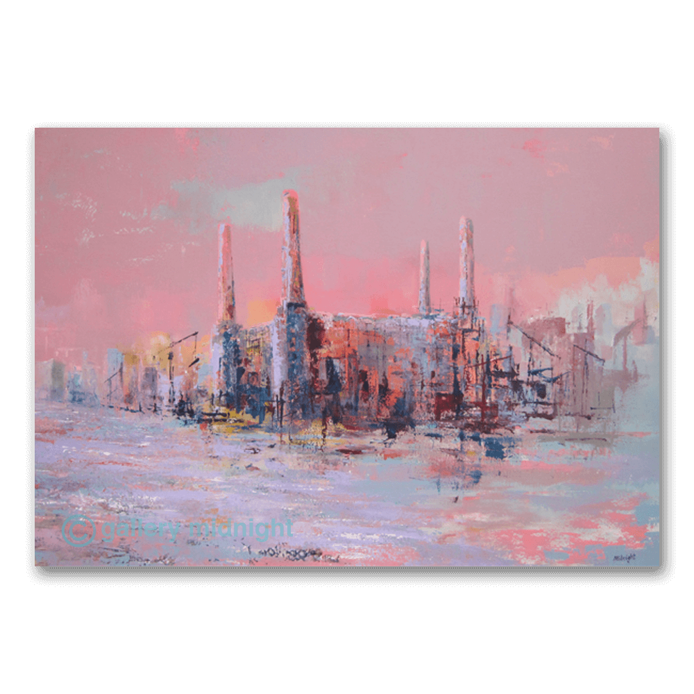 Big Power 8 limited edition print by Johny Midnight depicting Battersea Power Station in soft pastel pink tones with abstract reflections of the River Thames.