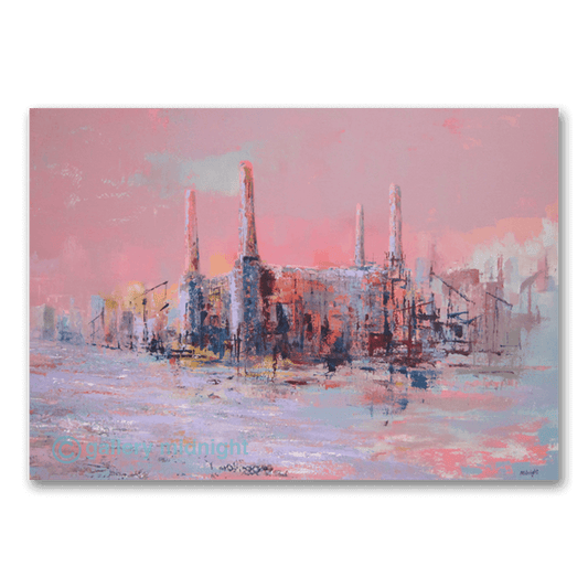 Big Power 8 limited edition print by Johny Midnight depicting Battersea Power Station in soft pastel pink tones with abstract reflections of the River Thames.