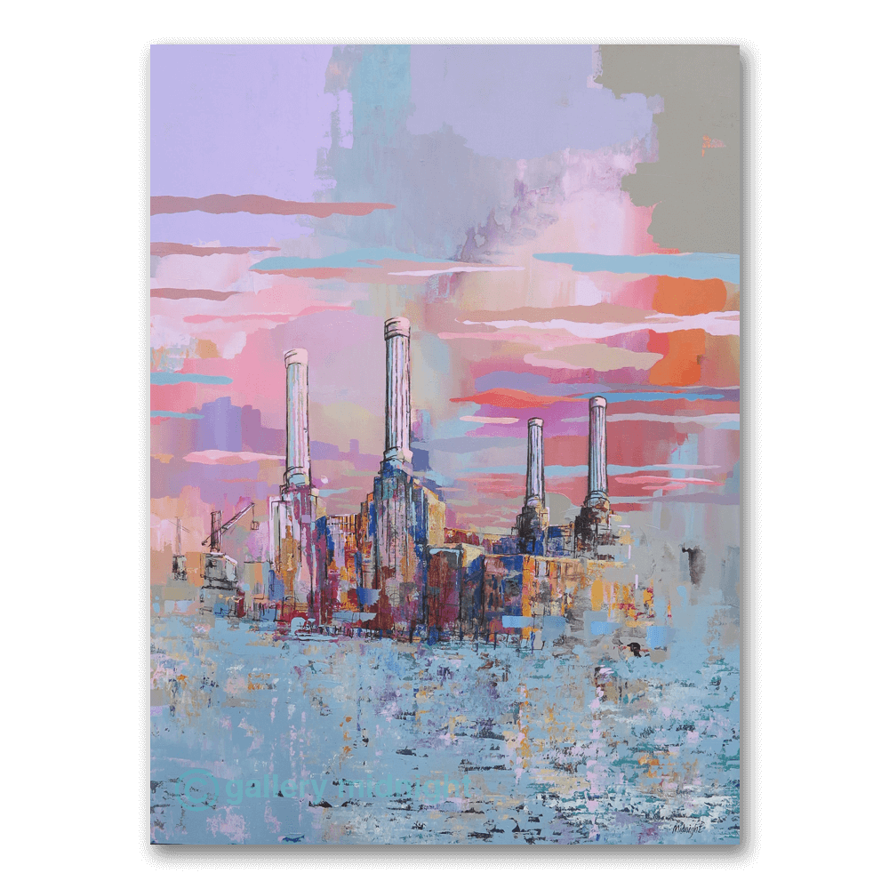 Big Power Nine limited edition print by Johny Midnight showing an abstract, colourful Battersea Power Station at sunset with cranes and Thames reflections.
