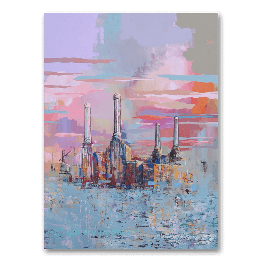 Big Power Nine limited edition print by Johny Midnight showing an abstract, colourful Battersea Power Station at sunset with cranes and Thames reflections.