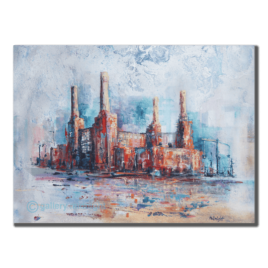 Big Power 7 limited edition print by Johny Midnight showing an abstract impressionist Battersea Power Station in red, blue and turquoise tones