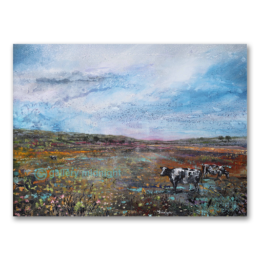 Painting of cows in a field with a colorful sky
