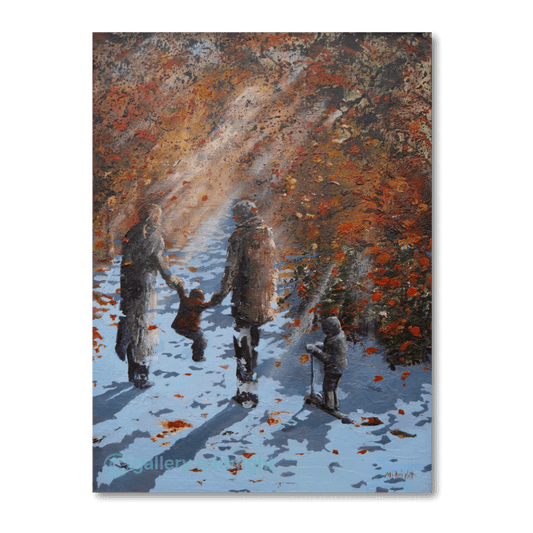 Autumn Common family scene with parents swinging child and scooter rider in golden sunlight, London art print