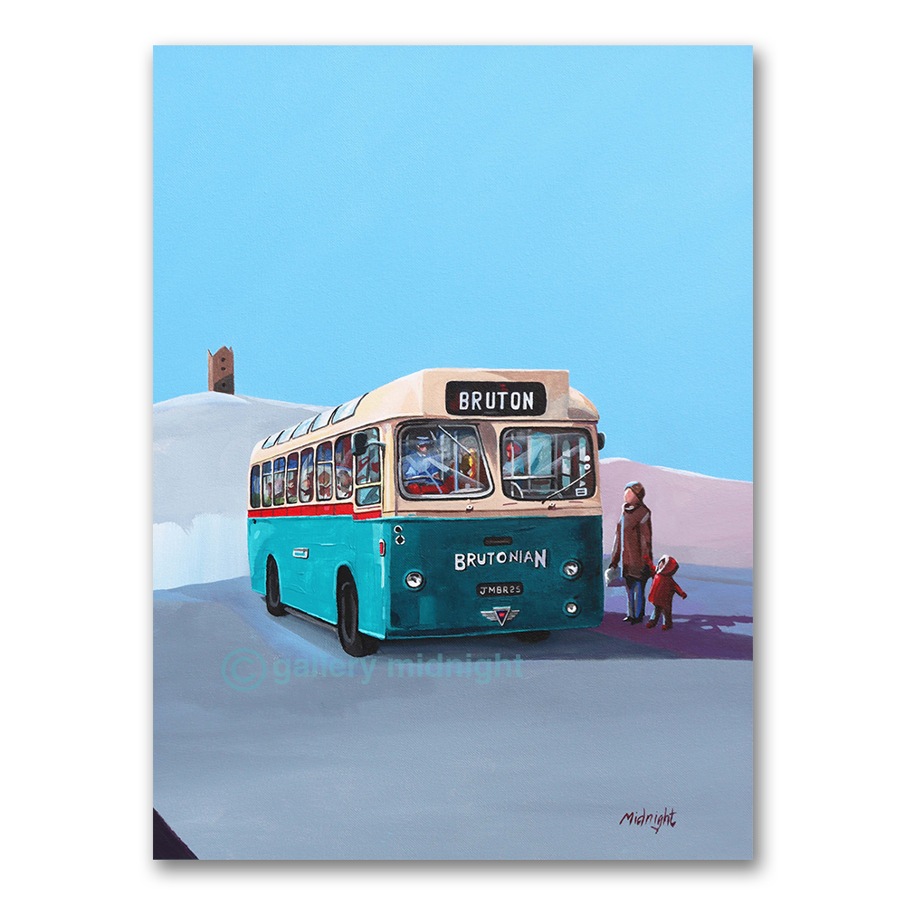 Painting of a vintage bus labeled 'Bruton' with two people standing nearby on a clear day.