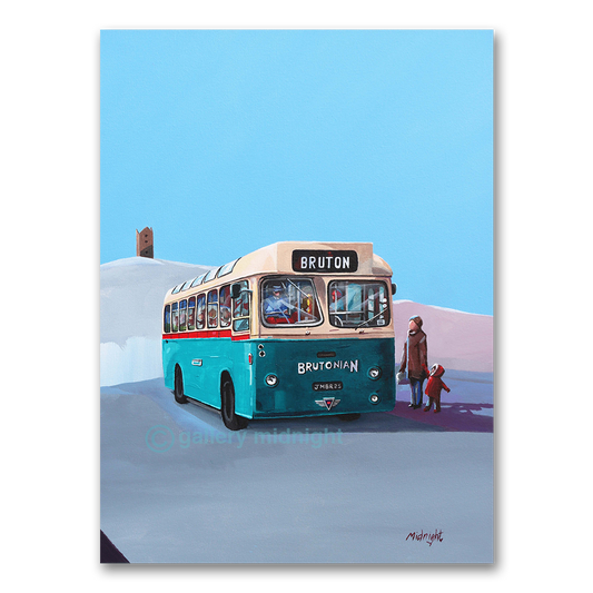 Painting of a vintage bus labeled 'Bruton' with two people standing nearby on a clear day.