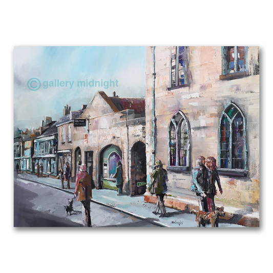 Painting of Bruton High street scene with people and dogs in front of a building.