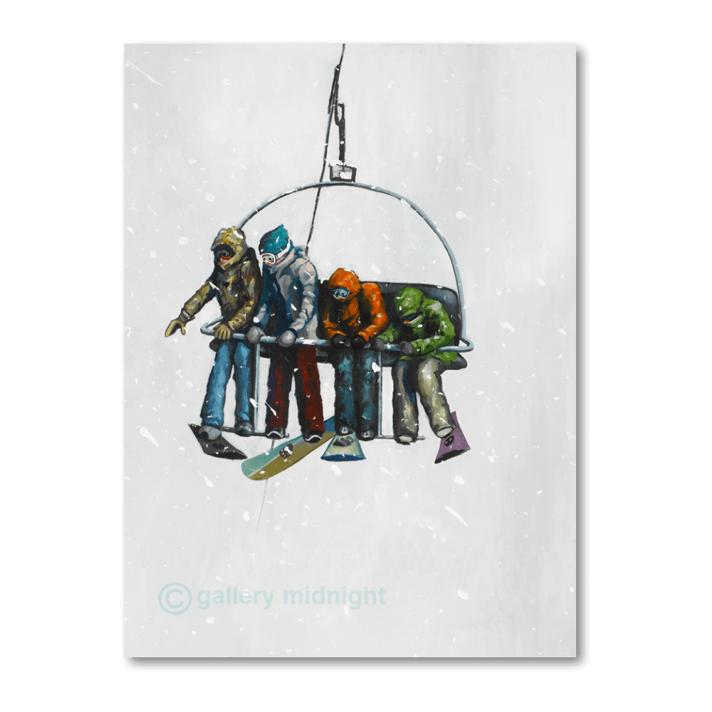 Painting of four snowboarders sitting on a chairlift in falling snow, one leaning out to look down, set against a misty white background by Johny Midnight.