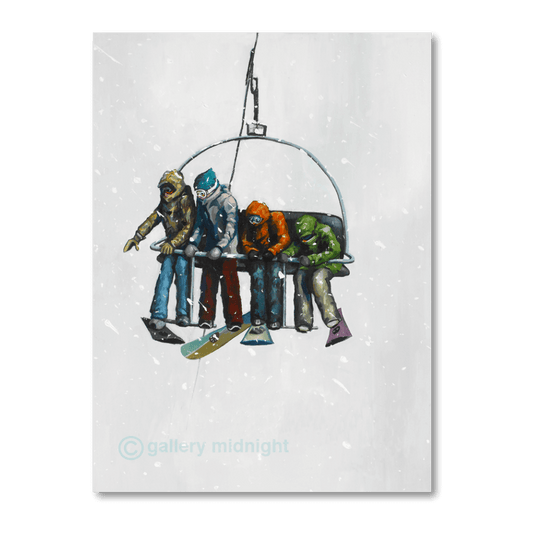 Painting of four snowboarders sitting on a chairlift in falling snow, one leaning out to look down, set against a misty white background by Johny Midnight.