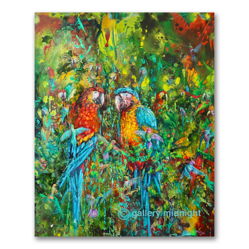 Dense tropical jungle painting with two giant macaws and many hidden hummingbirds in hot saturated colour, by Johny Midnight.