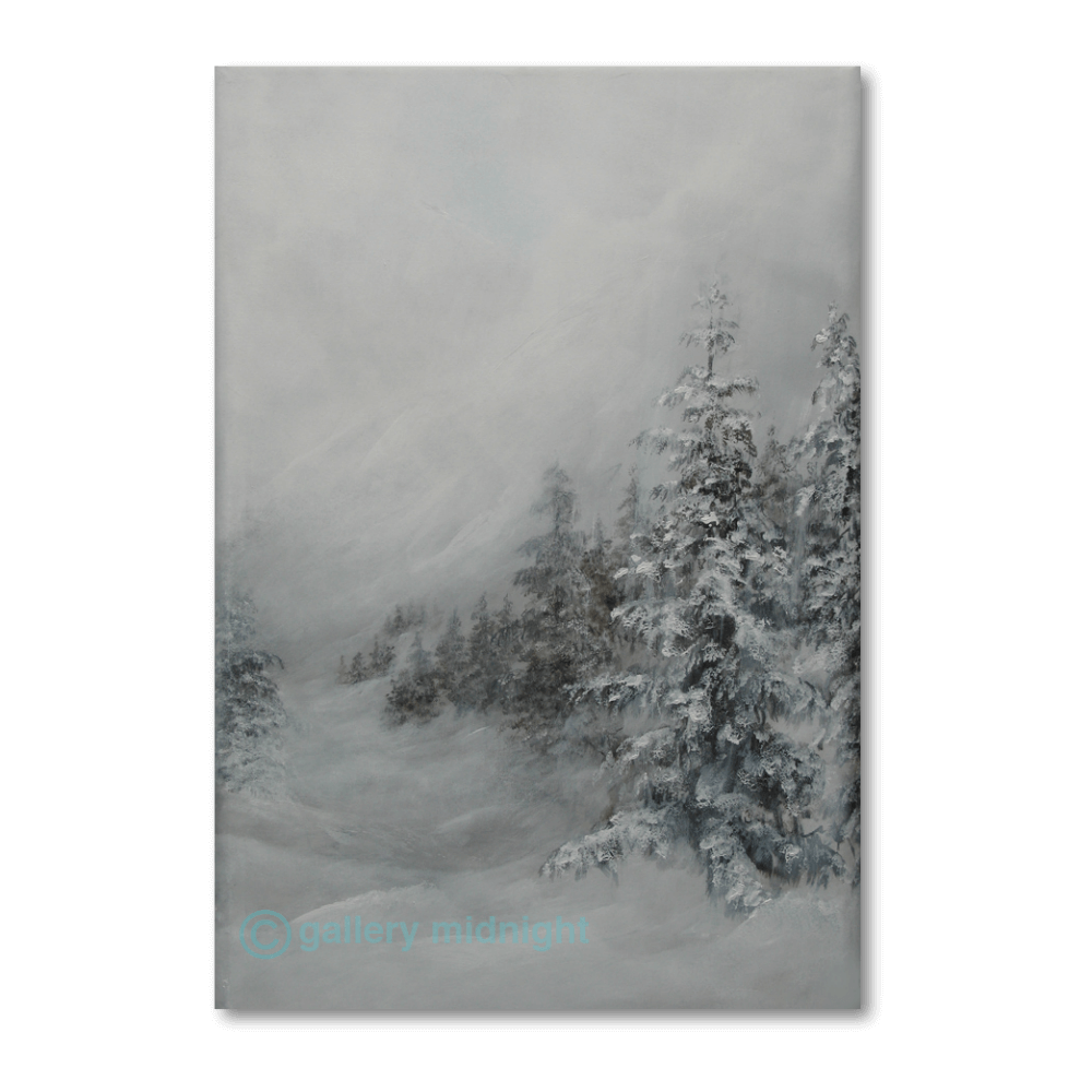 Moody winter landscape painting of Col de Valorcine by Johny Midnight, showing snow-covered pine trees and misty alpine mountains in grey and charcoal tones.