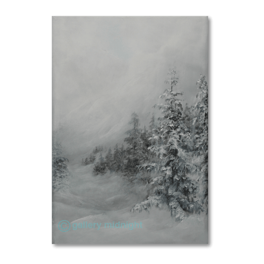 Moody winter landscape painting of Col de Valorcine by Johny Midnight, showing snow-covered pine trees and misty alpine mountains in grey and charcoal tones.