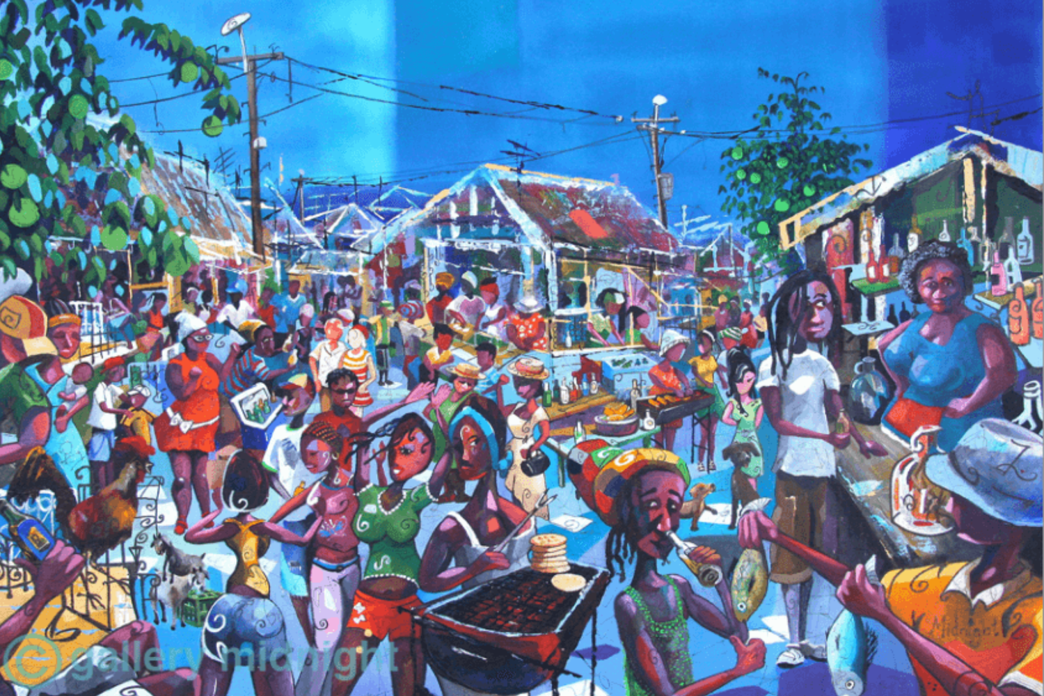  vibrant street scene with people and activities, in athe Caribbean