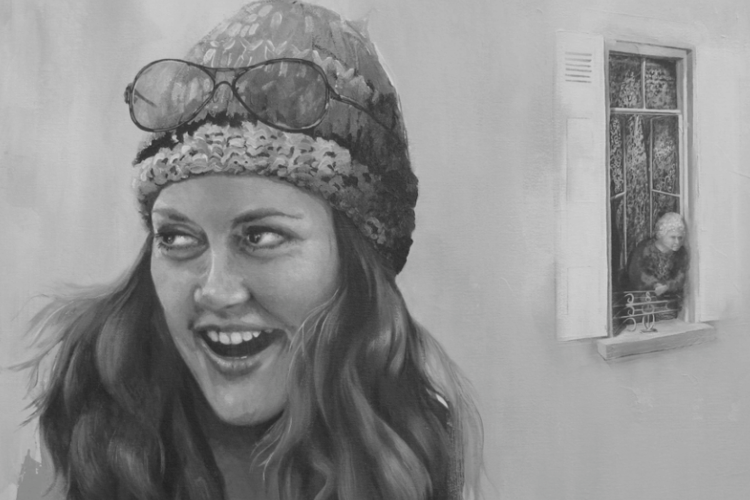 Pencil drawing of a person wearing a beanie with sunglasses on top, looking at a reflection in a window.