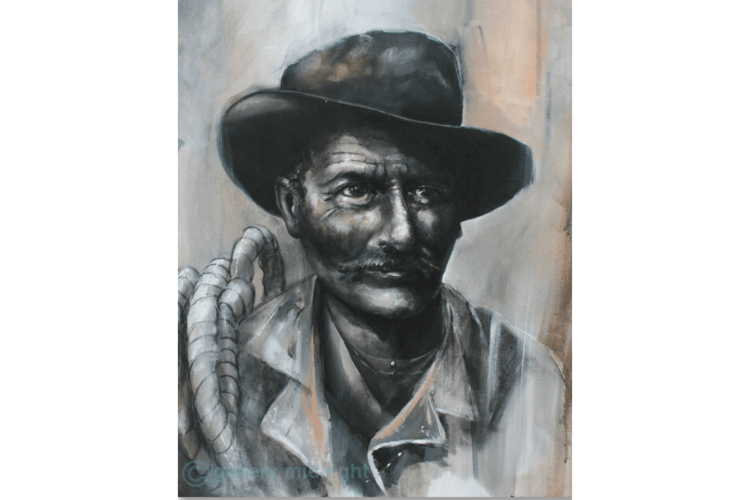 Artistic depiction of a person wearing a hat and holding rope against a neutral background