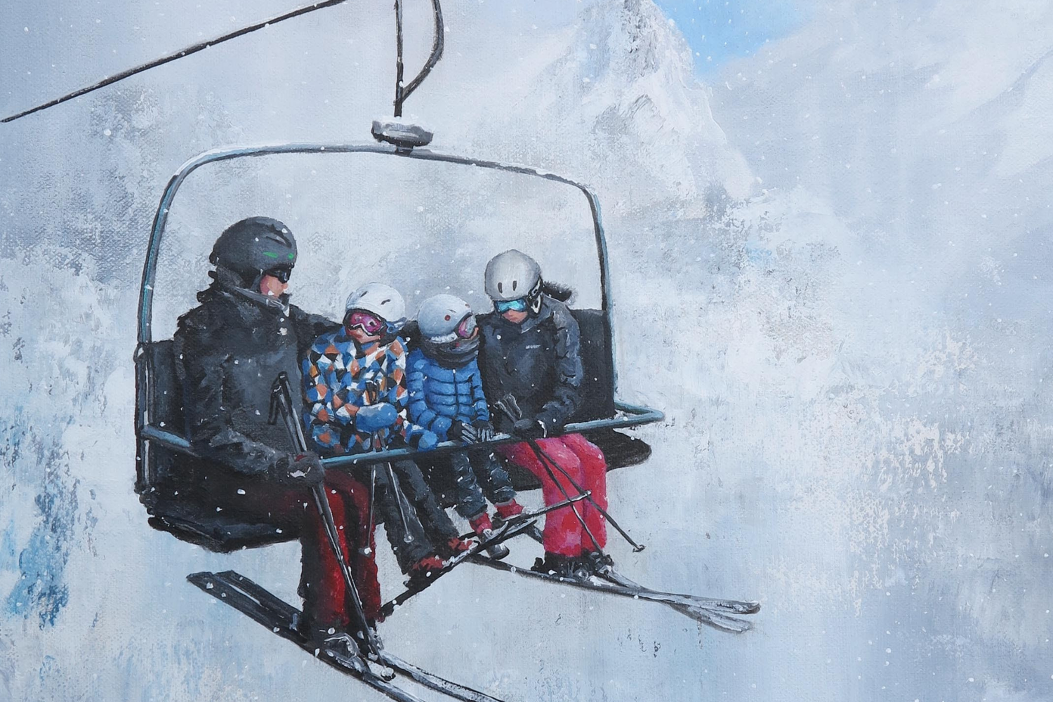 Four skiers on a chairlift against a snowy mountain backdrop