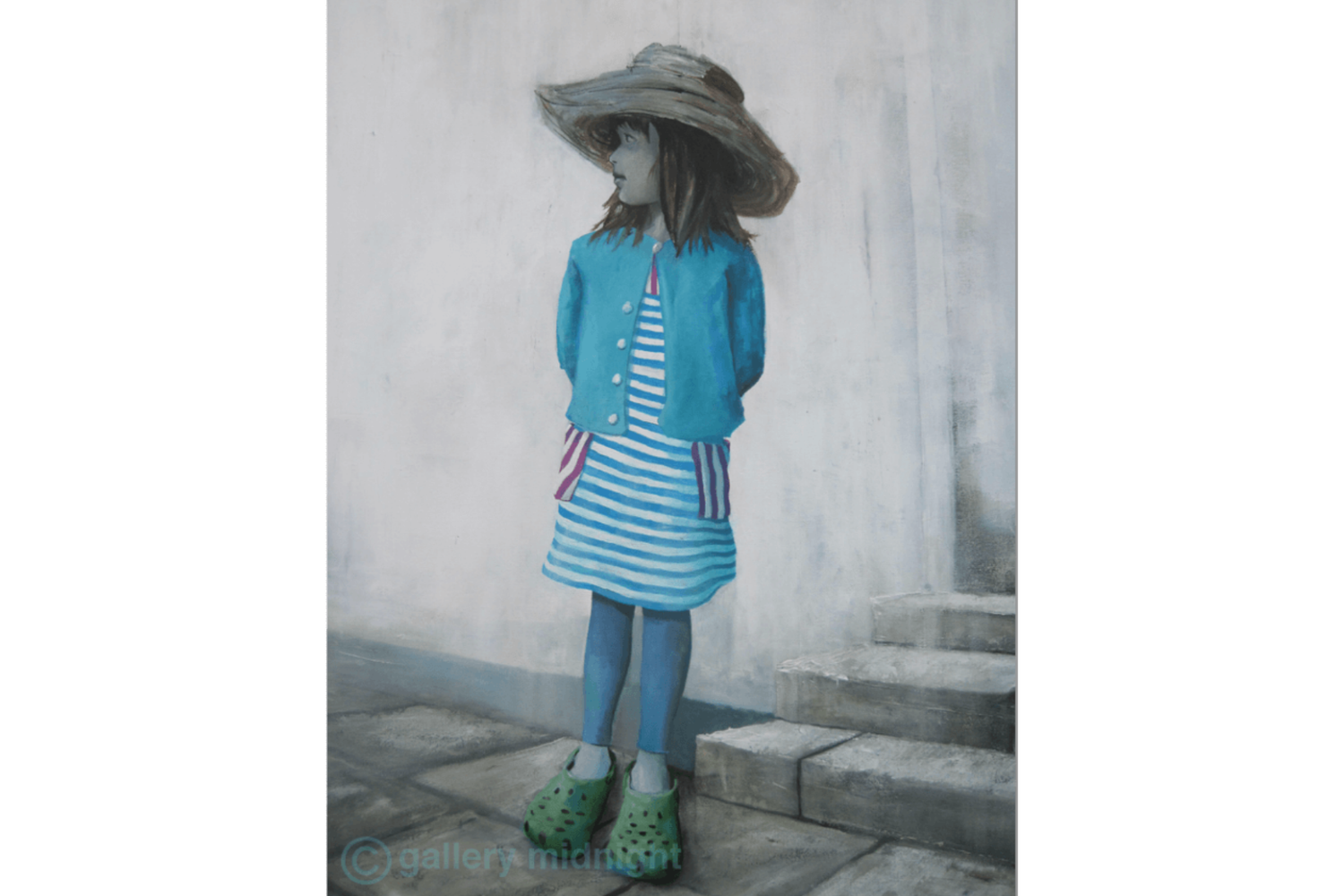 Young girl wearing a blue outfit with a striped dress and wide-brimmed hat in an urban setting.