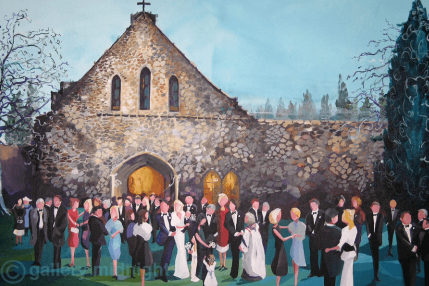 Painting of a wedding scene outside a church with guests in formal attire.