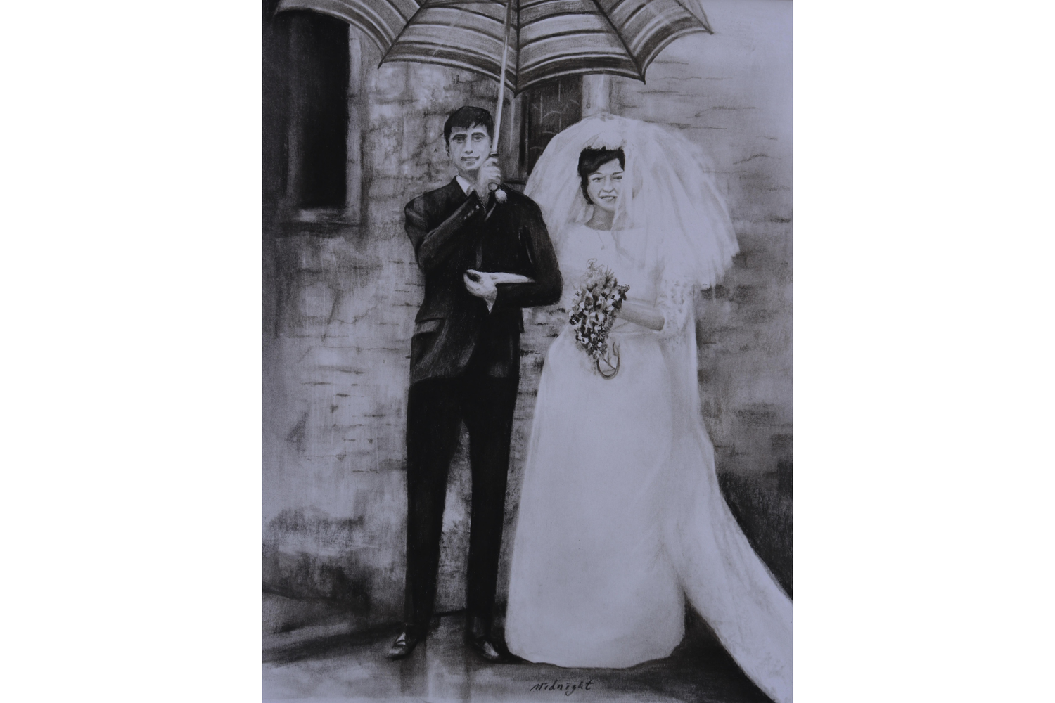 Black and white photograph of a couple in wedding attire holding an umbrella 