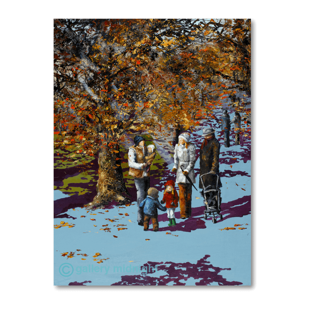 Autumn Common scene with parents and children gathering conkers beneath golden trees, London art print