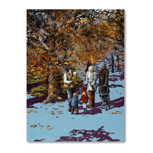 Autumn Common scene with parents and children gathering conkers beneath golden trees, London art print