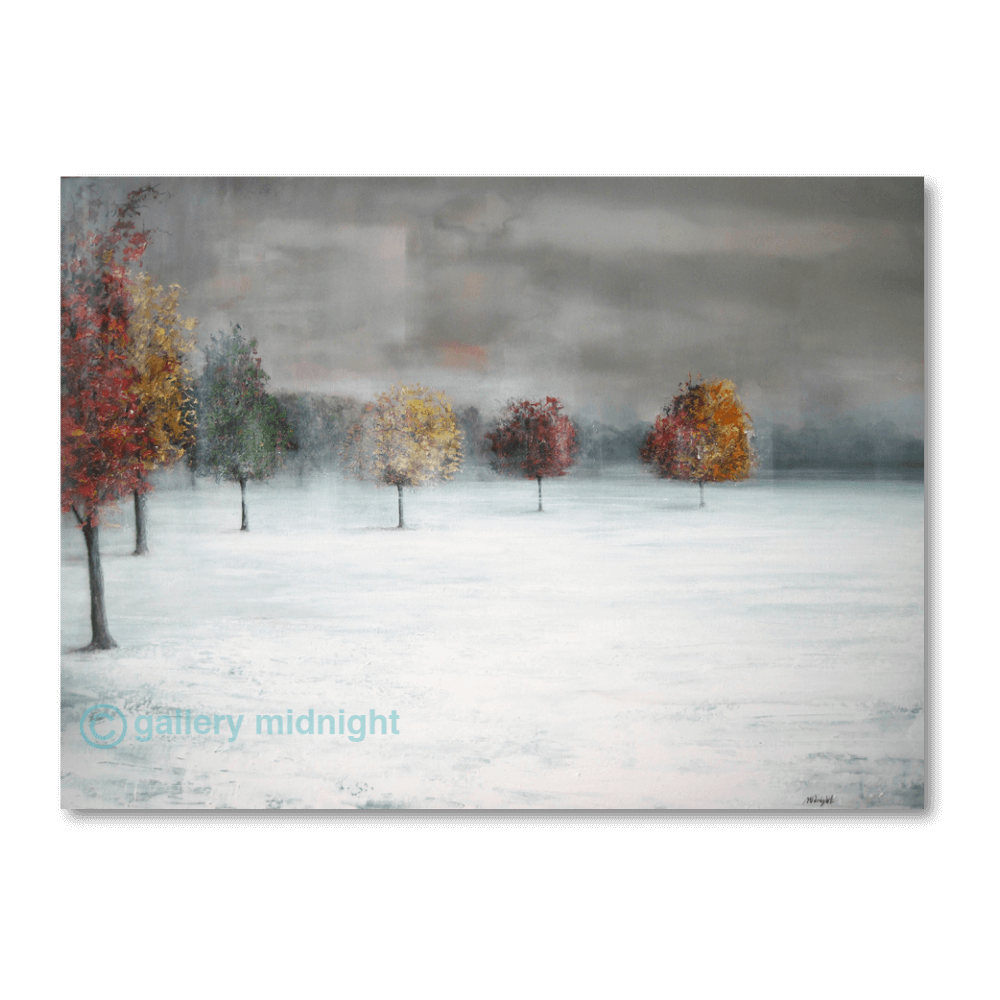 Tooting Common winter sunrise scene with frosted ground, colourful autumn trees and moody sky, London landscape art print