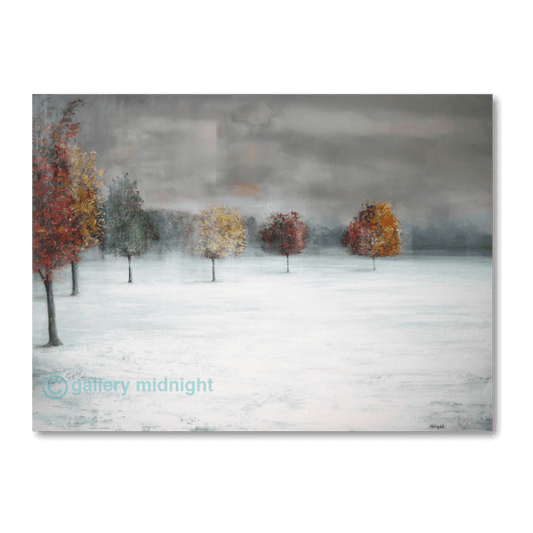 Tooting Common winter sunrise scene with frosted ground, colourful autumn trees and moody sky, London landscape art print