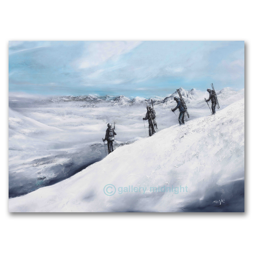 Family skiing on vast alpine mountain landscape with snowy peaks and pastel sky, winter art print
